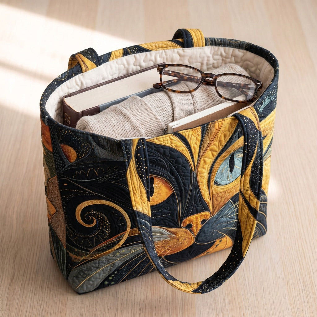 Mystique Féline Sac Fait Main – sac rempli d’un livre, d’un gilet et de lunettes