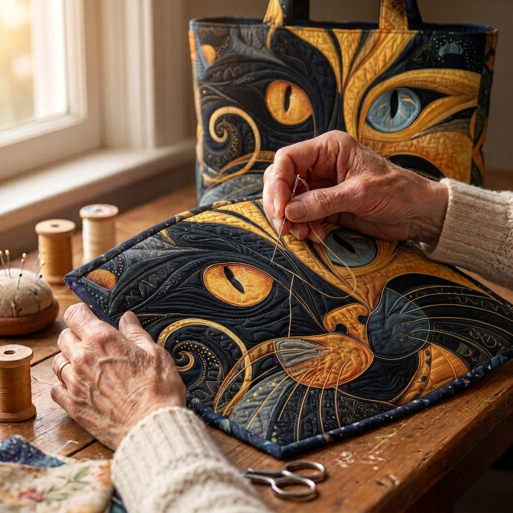Mystique Féline Sac Fait Main – matelassé à la main sur la table de l’atelier