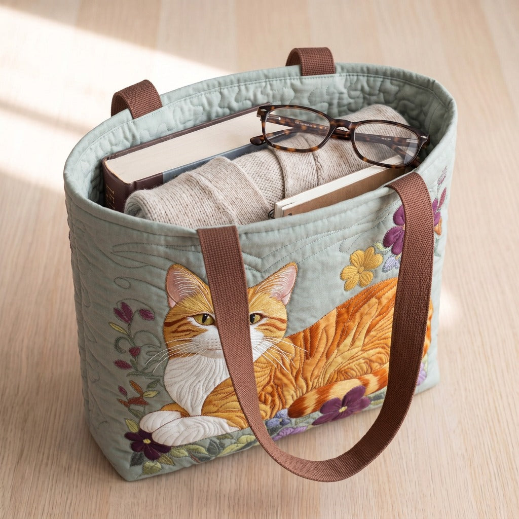 Chat Roux Sac Fait Main – sac rempli d’un livre, d’un gilet et de lunettes
