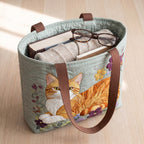 Chat Roux Sac Fait Main – sac rempli d’un livre, d’un gilet et de lunettes