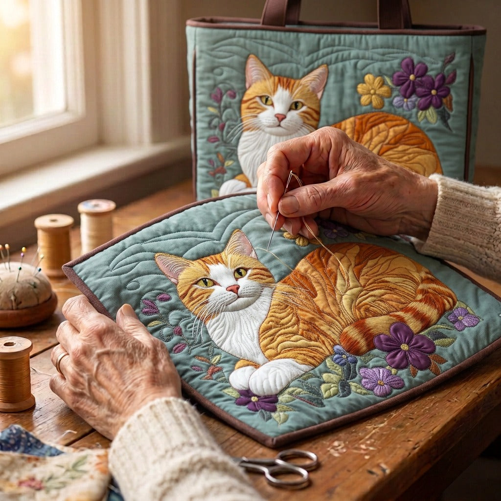 Chat Roux Sac Fait Main – matelassé à la main sur la table de l’atelier
