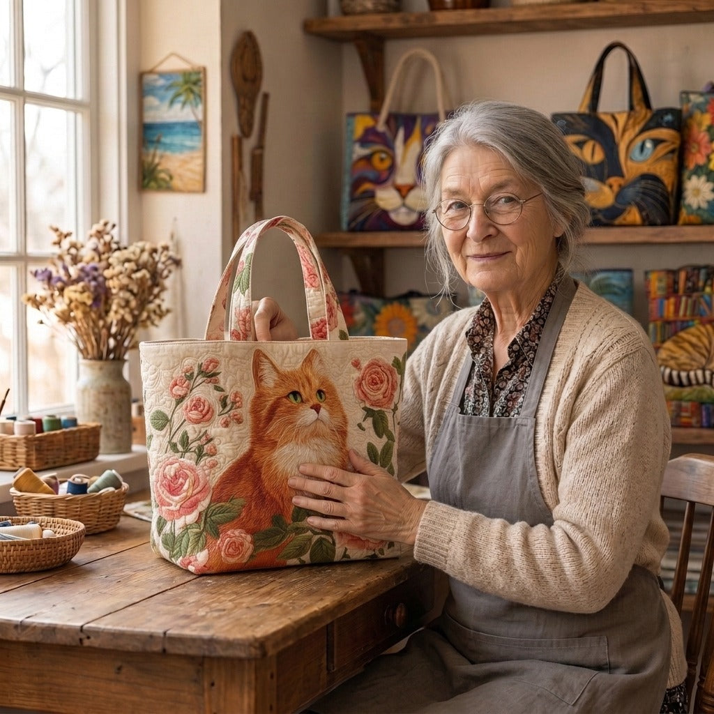 Lien with the Red Cat with Roses quilted tote bag in her atelier