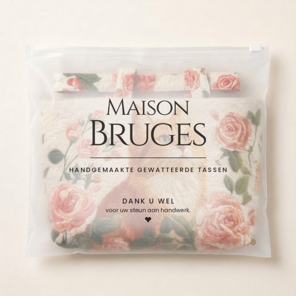 Red Cat with Roses quilted tote bag in its Maison Bruges pouch