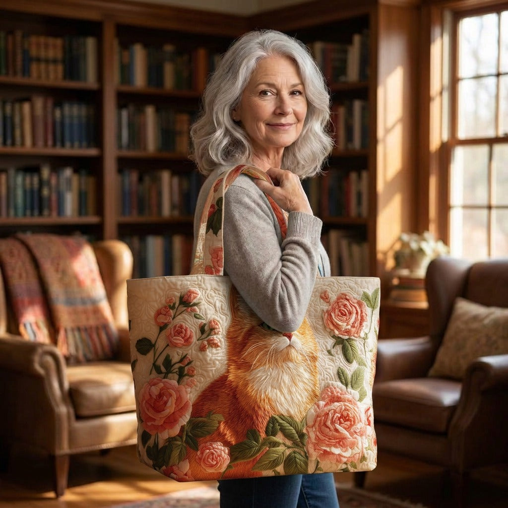 Red Cat with Roses quilted tote bag worn on the shoulder
