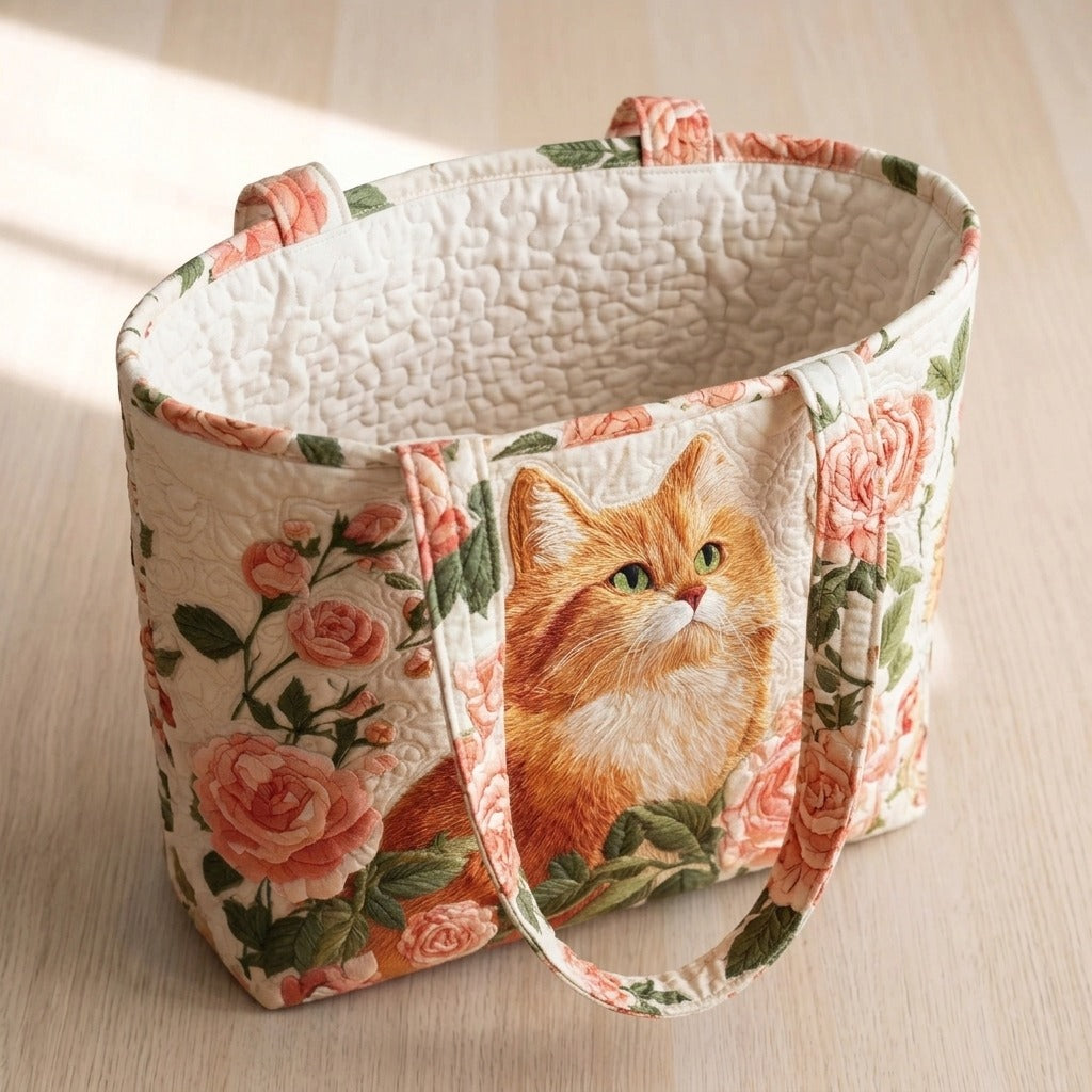 Red Cat with Roses quilted tote bag, open, showing the quilted lining