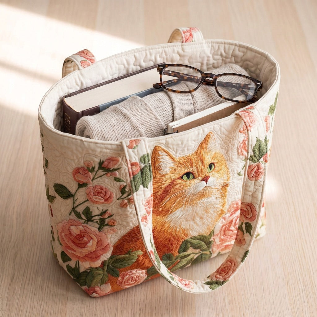 Red Cat with Roses quilted tote bag packed with a book, a cardigan and glasses