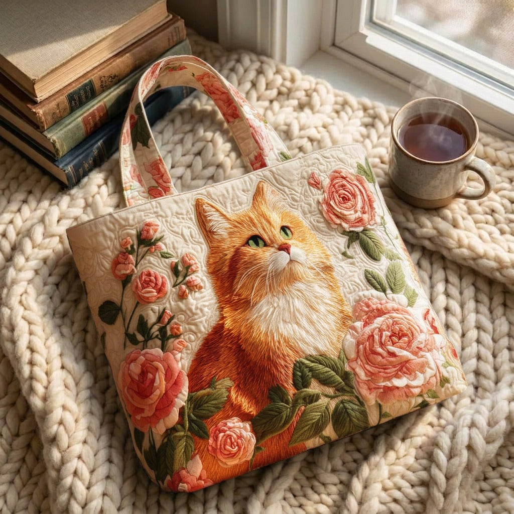 Red Cat with Roses quilted tote bag on a knitted blanket with coffee by the window