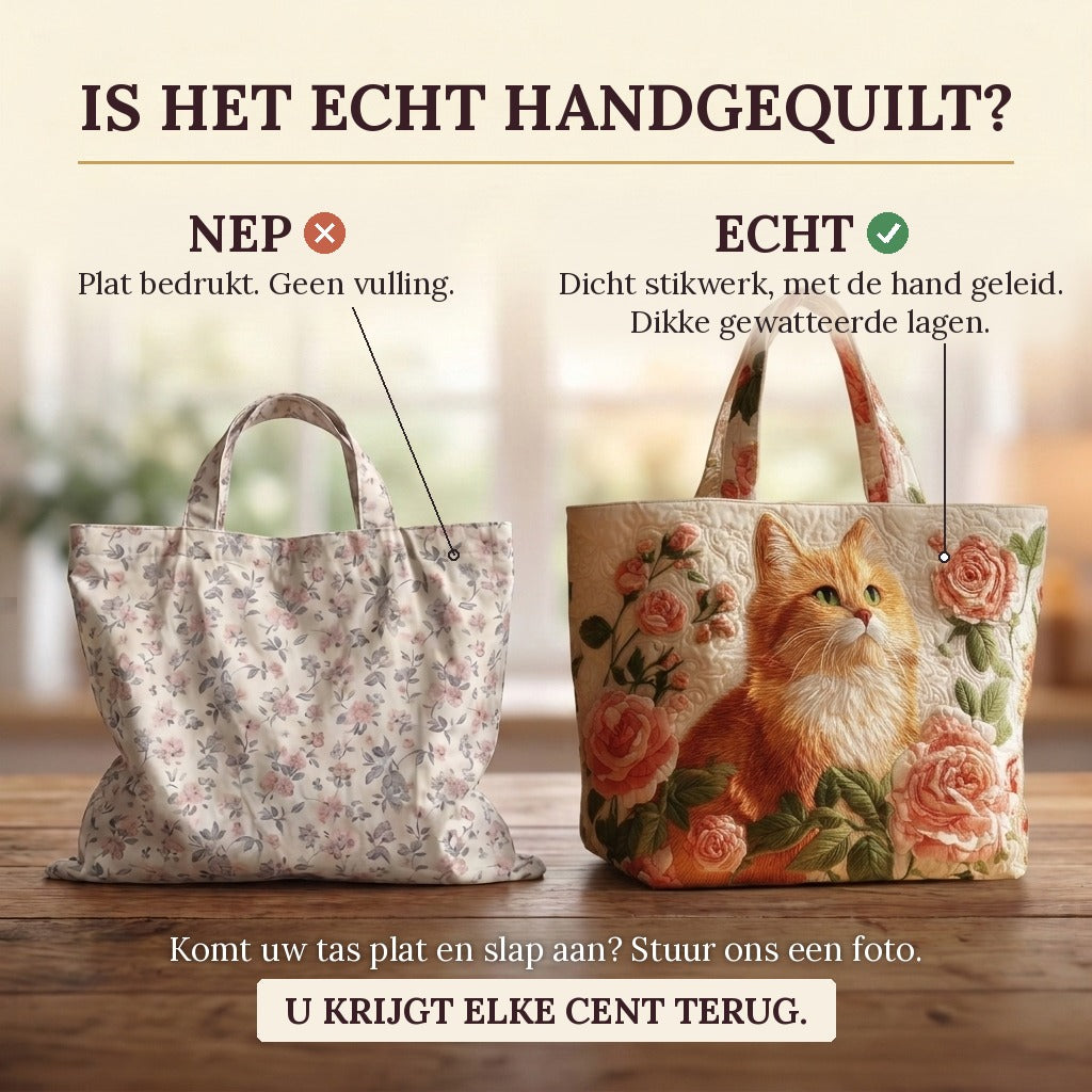 Red Cat with Roses quilted tote bag: real quilted layers vs a flat printed bag