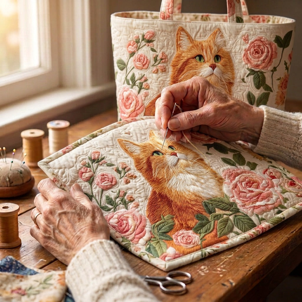 Rozenkat Handgemaakte Tas – wordt met de hand gequilt aan de ateliertafel