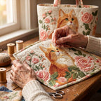 Rozenkat Handgemaakte Tas – wordt met de hand gequilt aan de ateliertafel