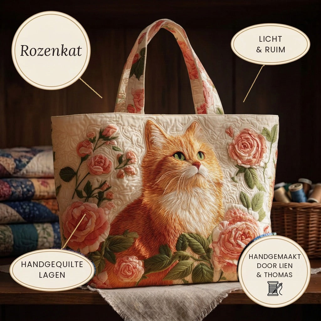 Red Cat with Roses quilted tote bag details: light and roomy, hand-quilted layers