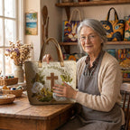 Lien met de Heilig Licht Handgemaakte Tas in haar atelier