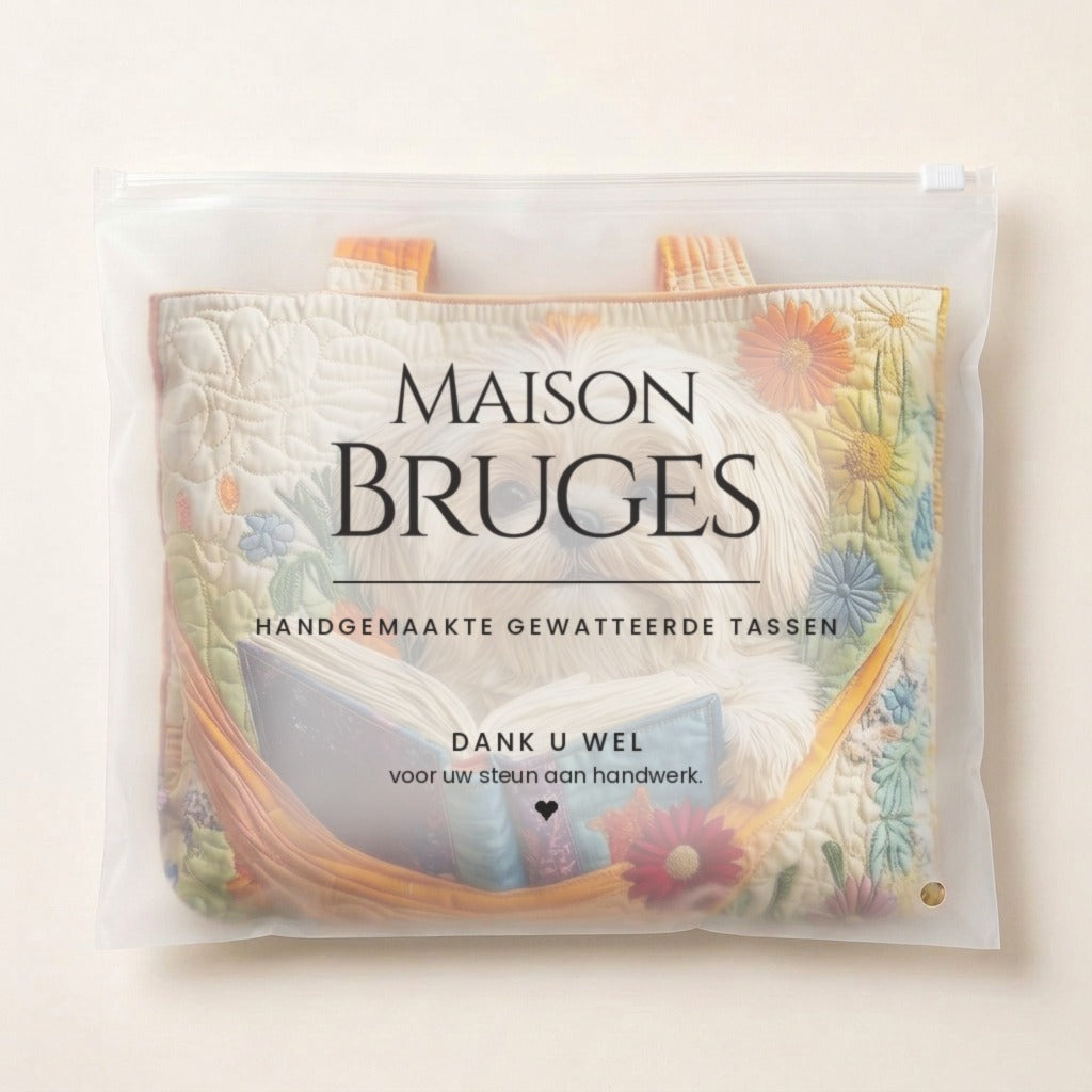 Shih Tzu, Boeken & Bloemen Handgemaakte Tas in de verpakking van Maison Bruges