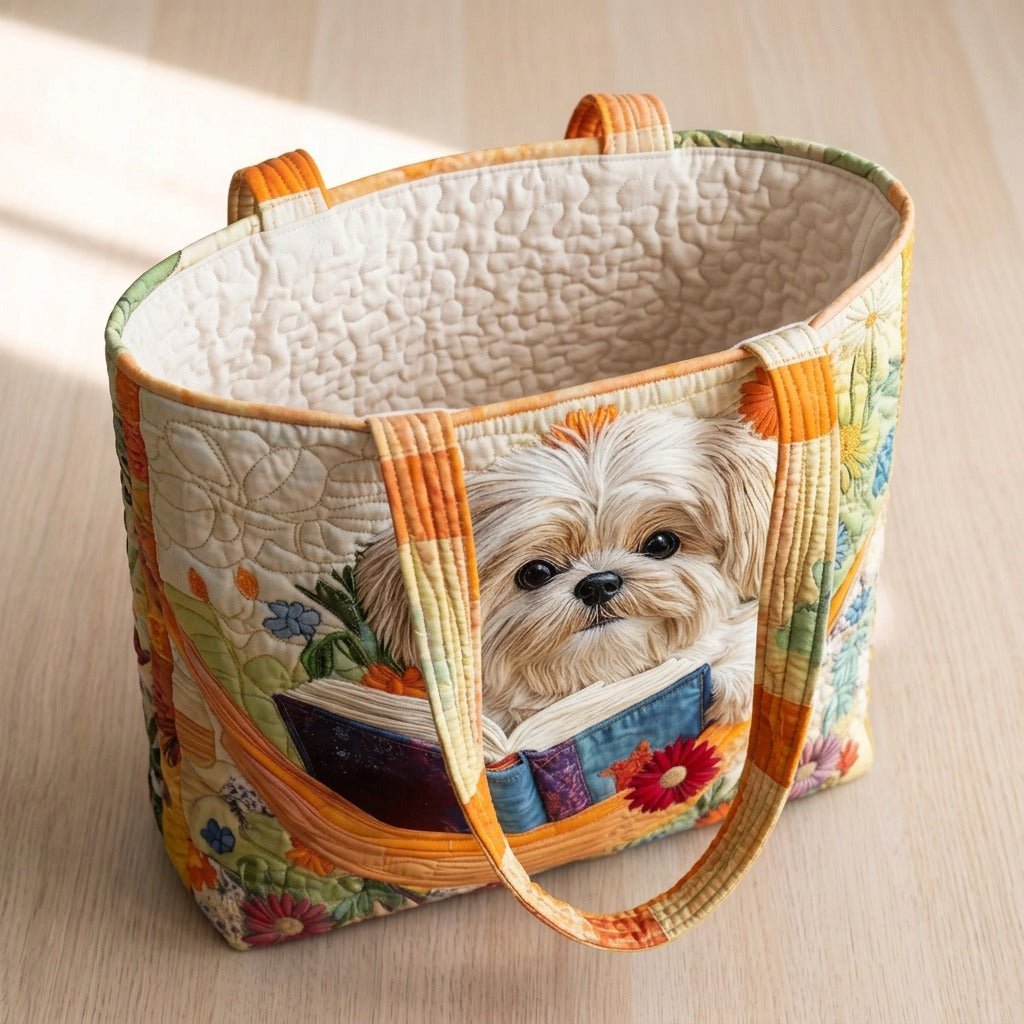 Shih Tzu, Boeken & Bloemen Handgemaakte Tas – open draagtas met gewatteerde voering