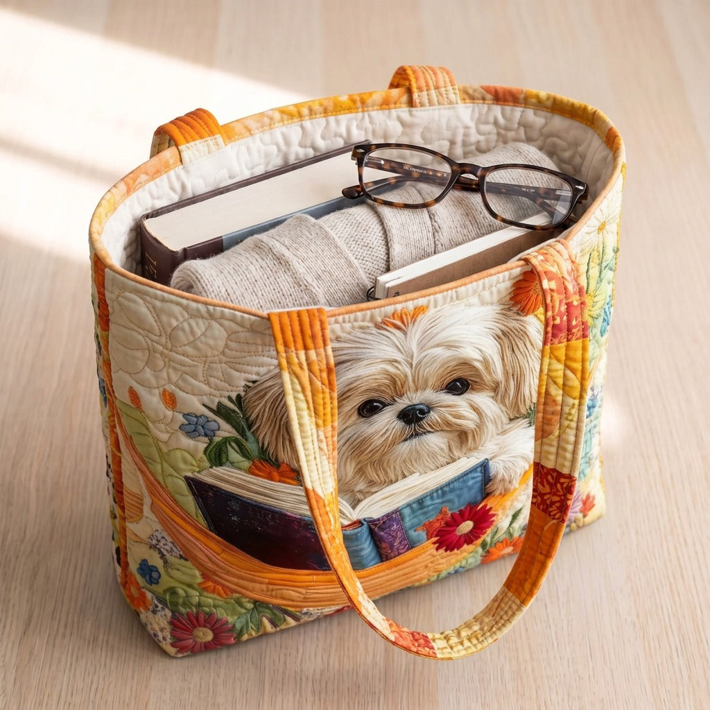 Shih Tzu, Boeken & Bloemen Handgemaakte Tas – draagtas gevuld met een boek, vest en bril