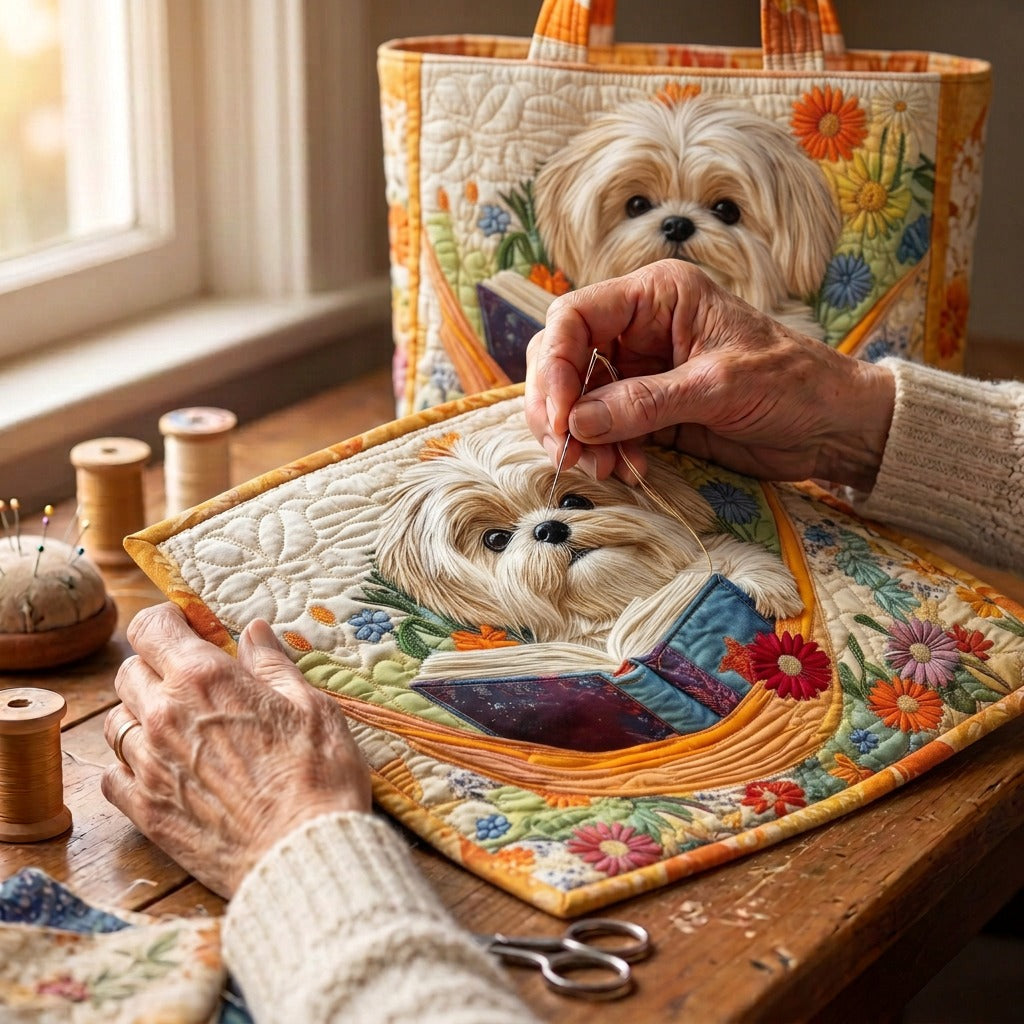 Shih Tzu, Boeken & Bloemen Handgemaakte Tas – wordt met de hand gequilt aan de ateliertafel