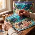 Lagoendroom Handgemaakte Tas – wordt met de hand gequilt aan de ateliertafel