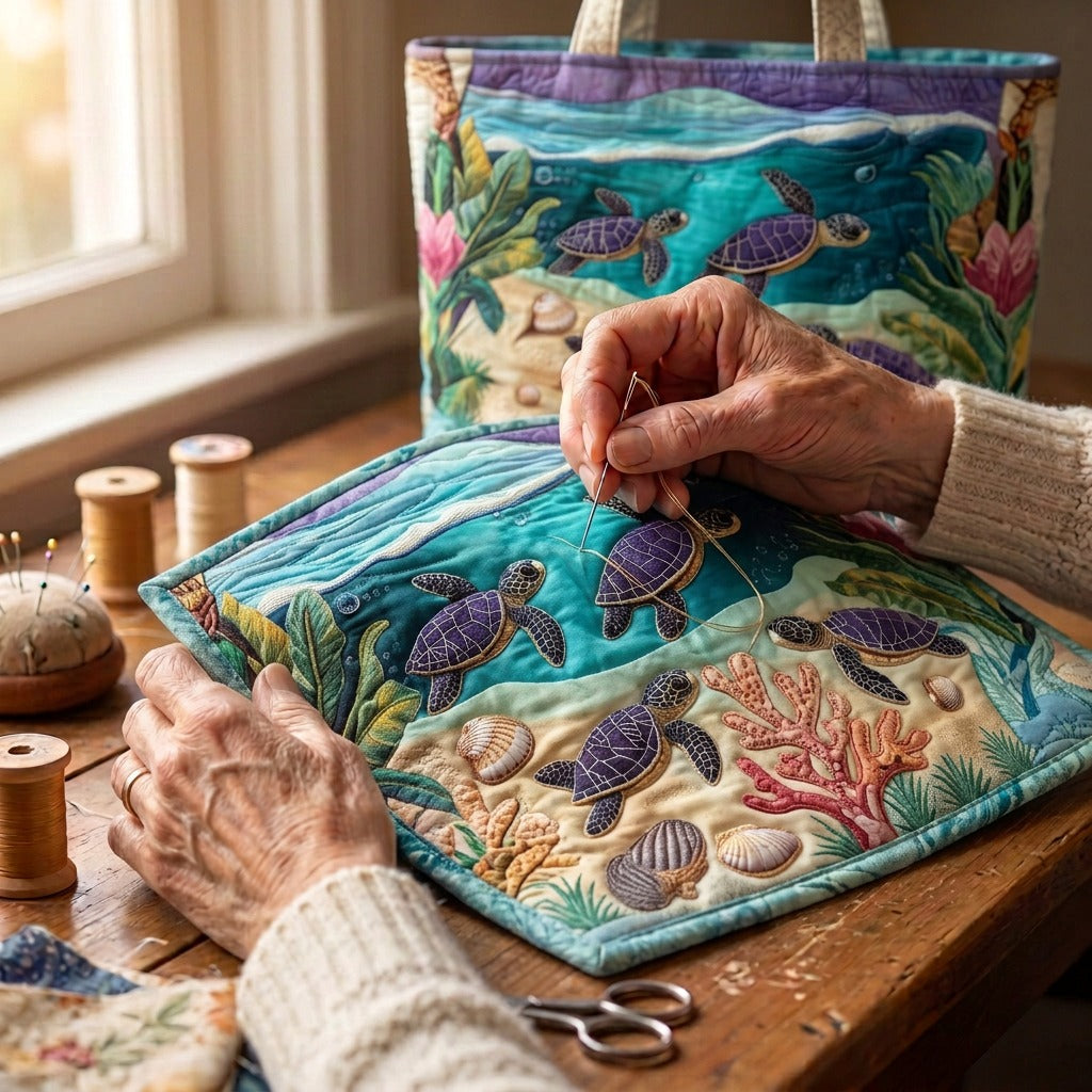 Lagoendroom Handgemaakte Tas – wordt met de hand gequilt aan de ateliertafel