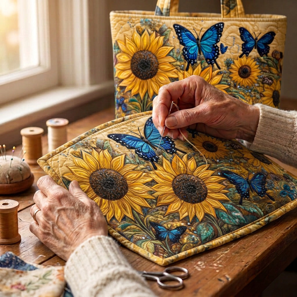 Ailes d'Été Sac Fait Main – matelassé à la main sur la table de l’atelier