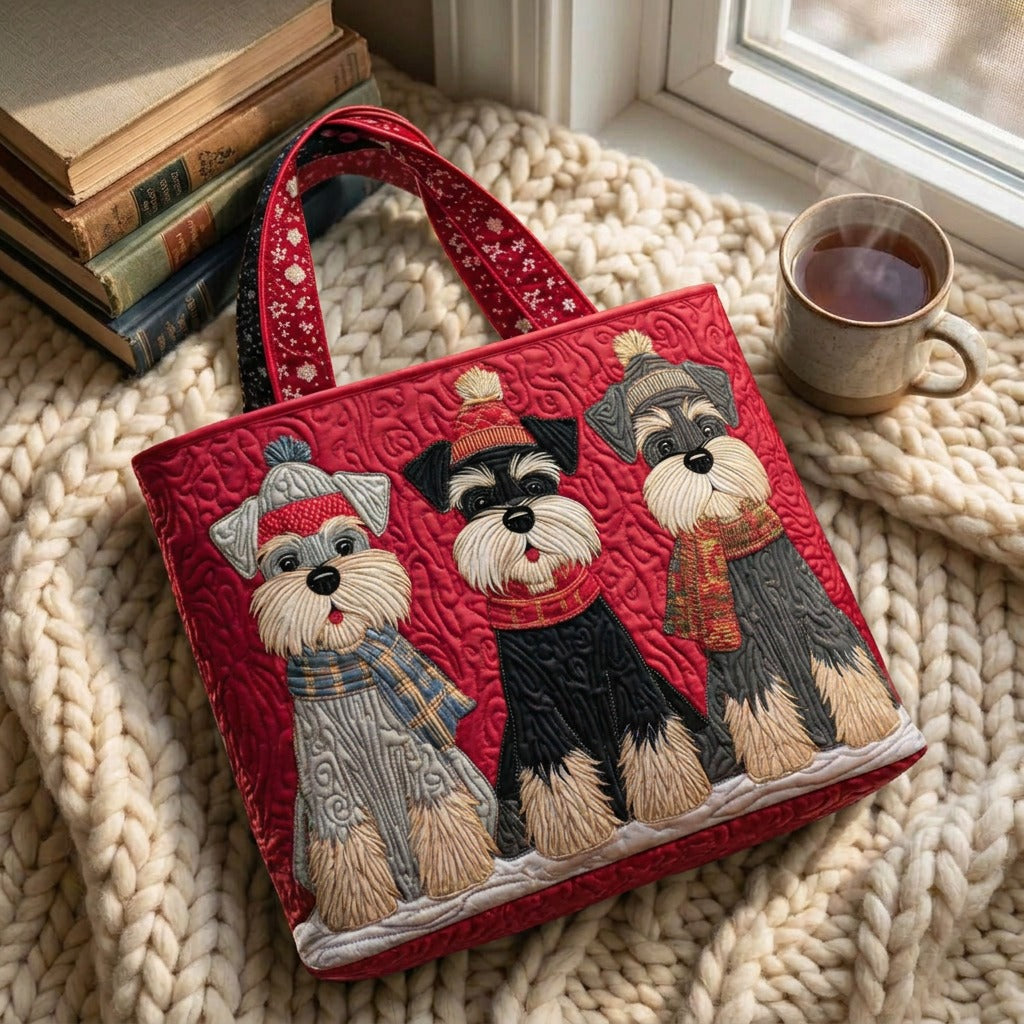 Schnauzer Trio Handgemaakte Tas – draagtas op een gebreide deken met koffie bij het raam