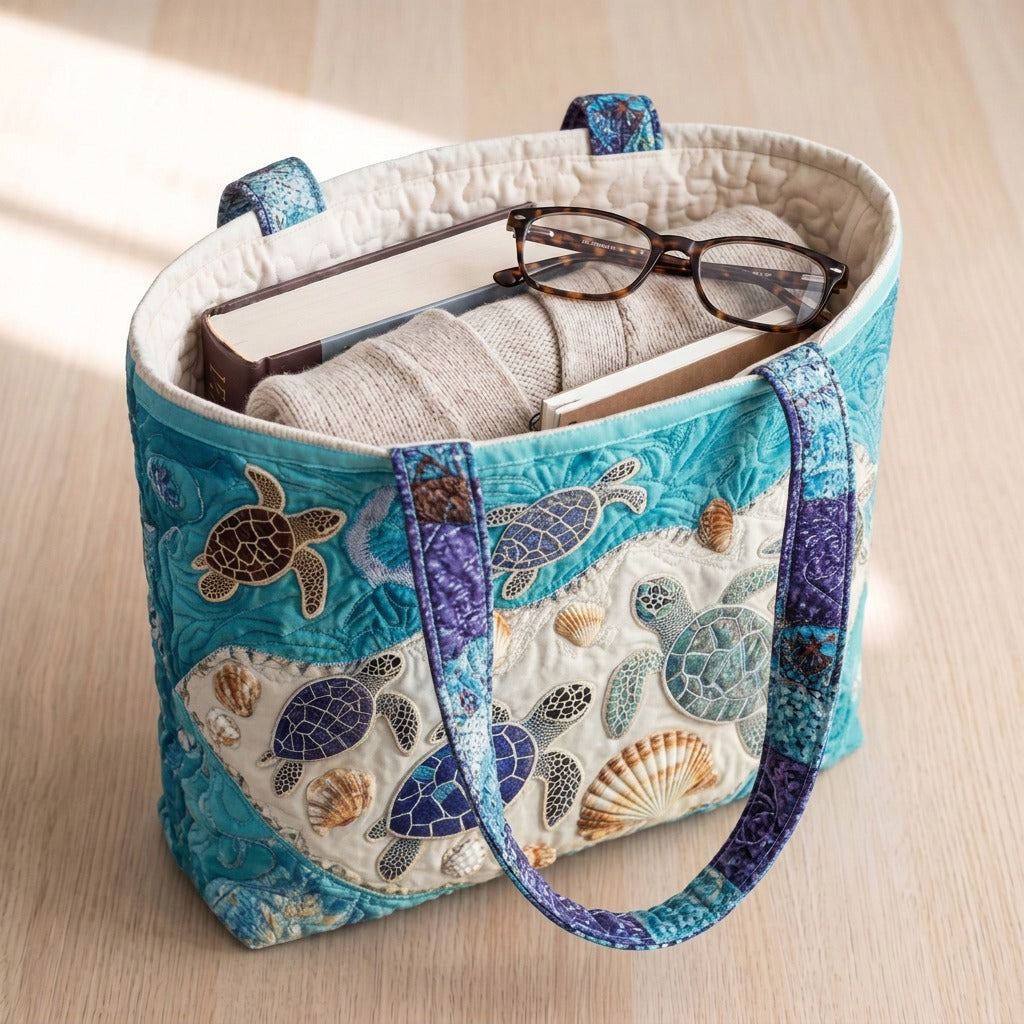 Amour de Tortues Sac Fait Main – sac rempli d’un livre, d’un gilet et de lunettes