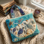 Amour de Tortues Sac Fait Main – sac sur un plaid tricoté avec un café près de la fenêtre