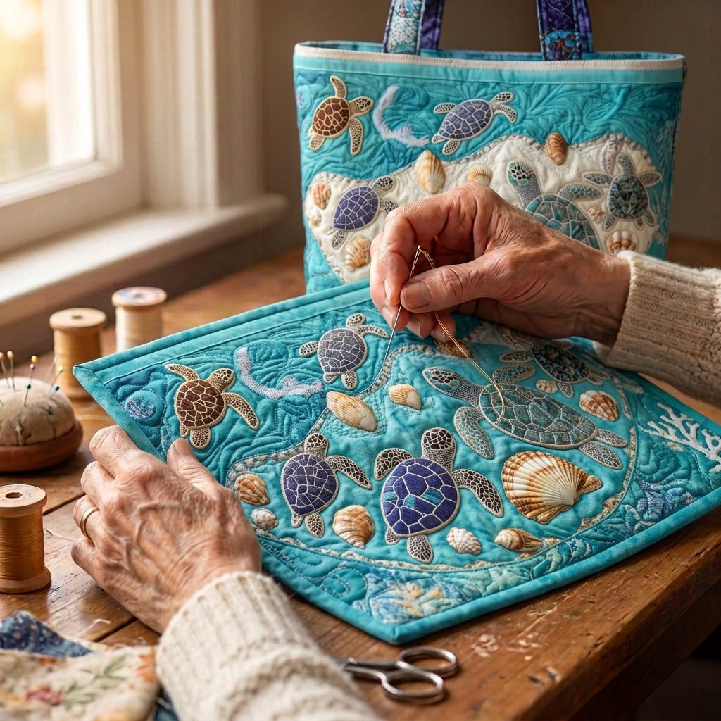 Amour de Tortues Sac Fait Main – matelassé à la main sur la table de l’atelier