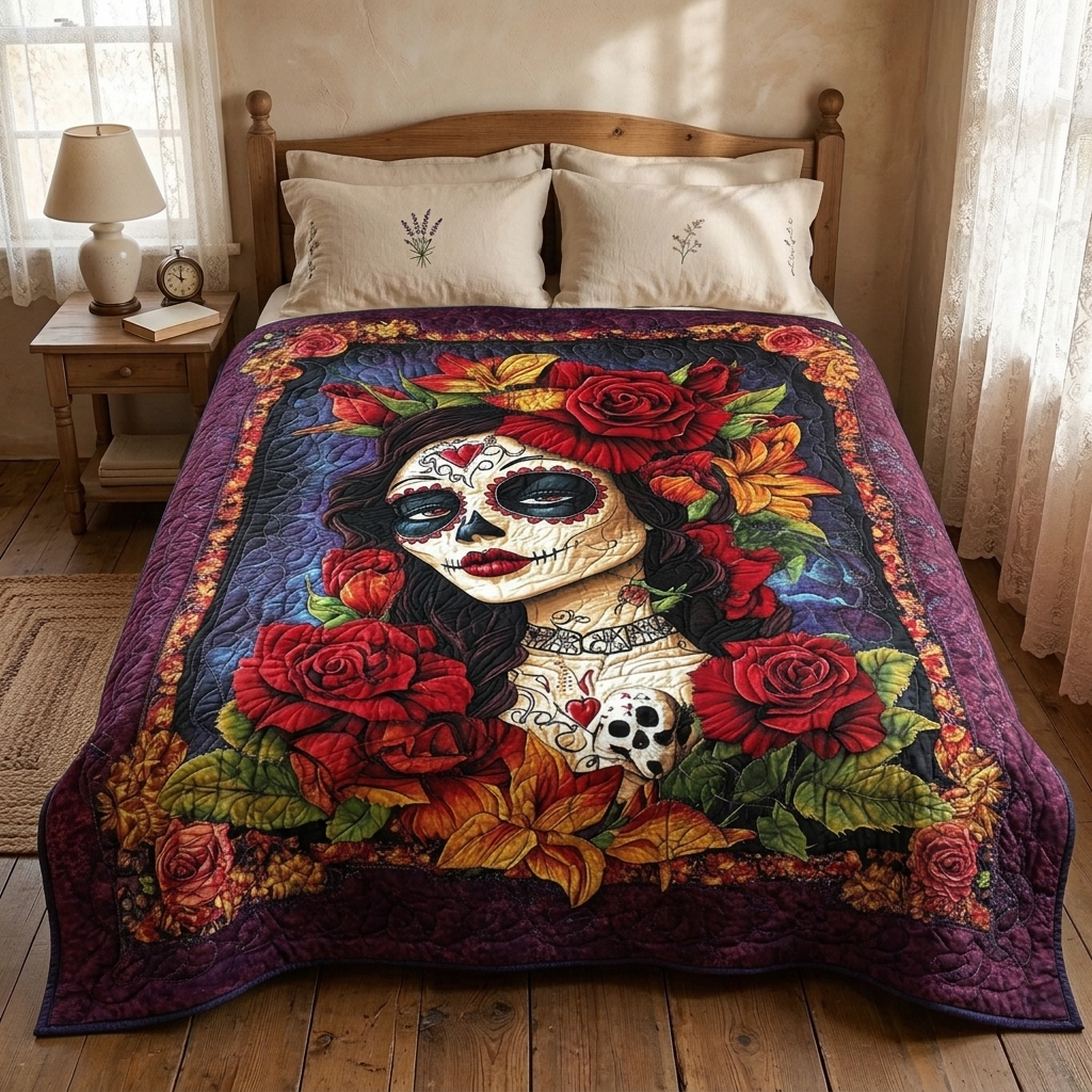 Couvre-lit matelassé Crâne floral mystique sur un lit dans une chambre douillette