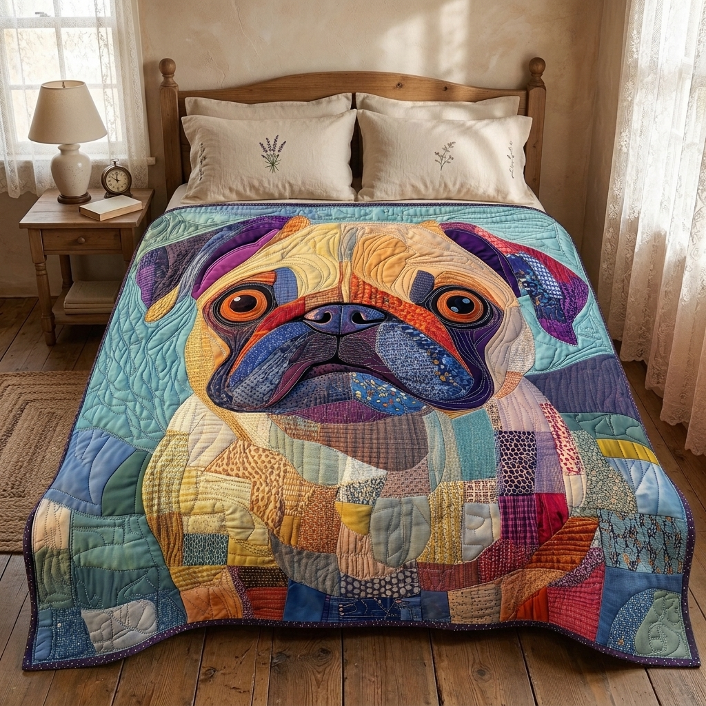 Couvre-lit matelassé Amour de carlin sur un lit dans une chambre douillette