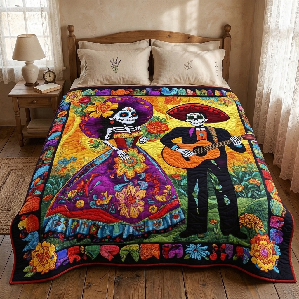 Gewatteerde bedsprei Dia de los Muertos op een bed in een gezellige slaapkamer