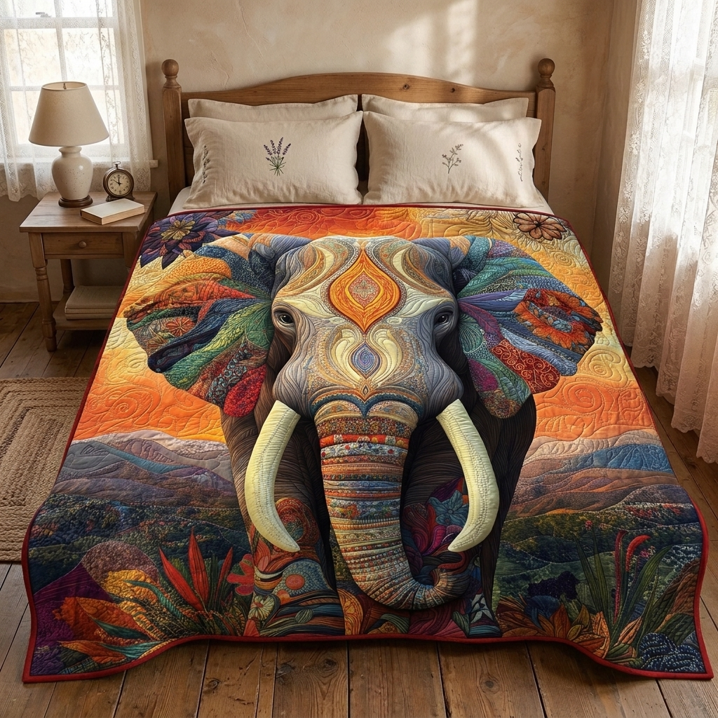 Gewatteerde bedsprei Olifant bij Maanlicht op een bed in een gezellige slaapkamer