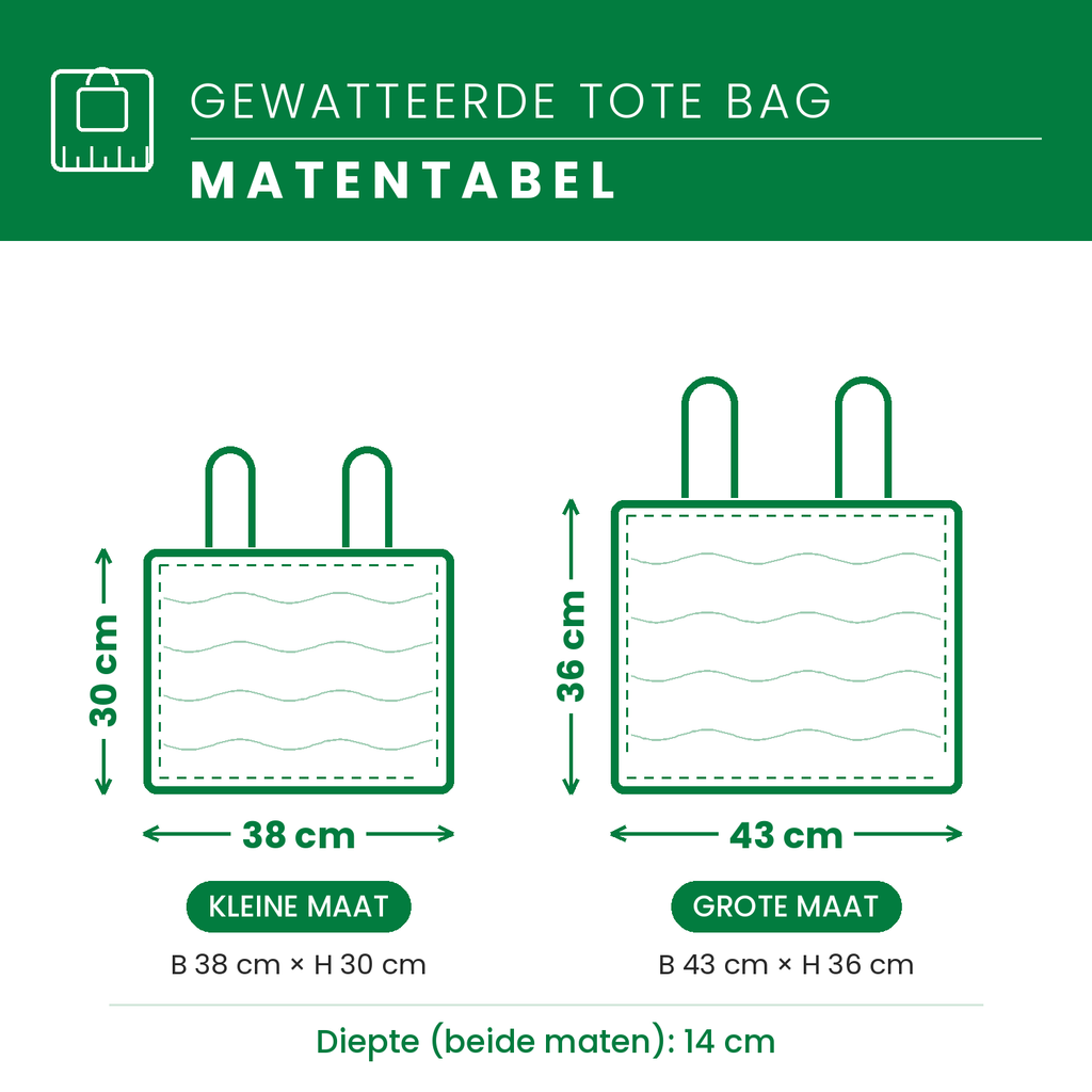Matentabel gewatteerde draagtas: B38 × H30 cm of B43 × H36 cm, diepte 14 cm