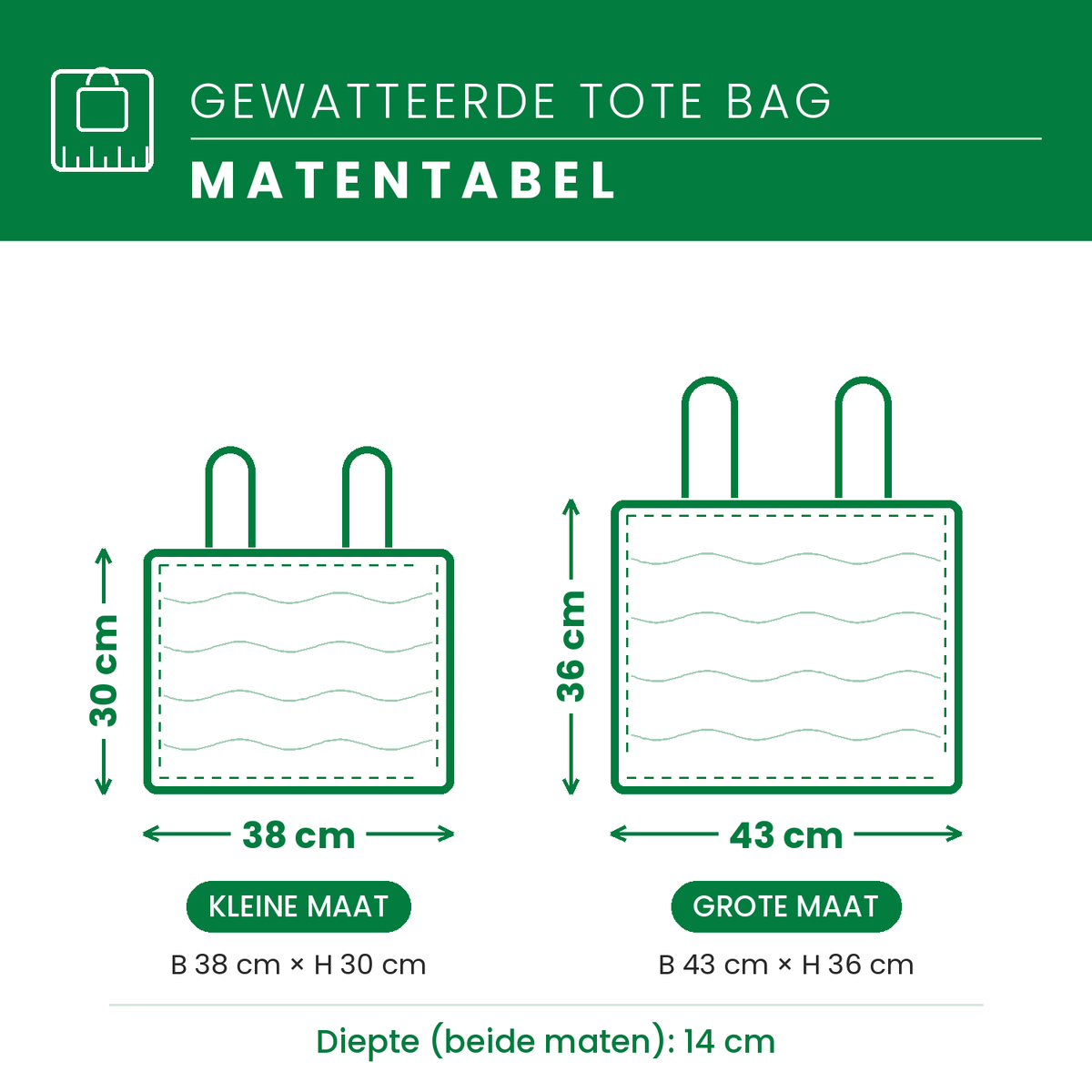 Matentabel gewatteerde draagtas: B38 × H30 cm of B43 × H36 cm, diepte 14 cm