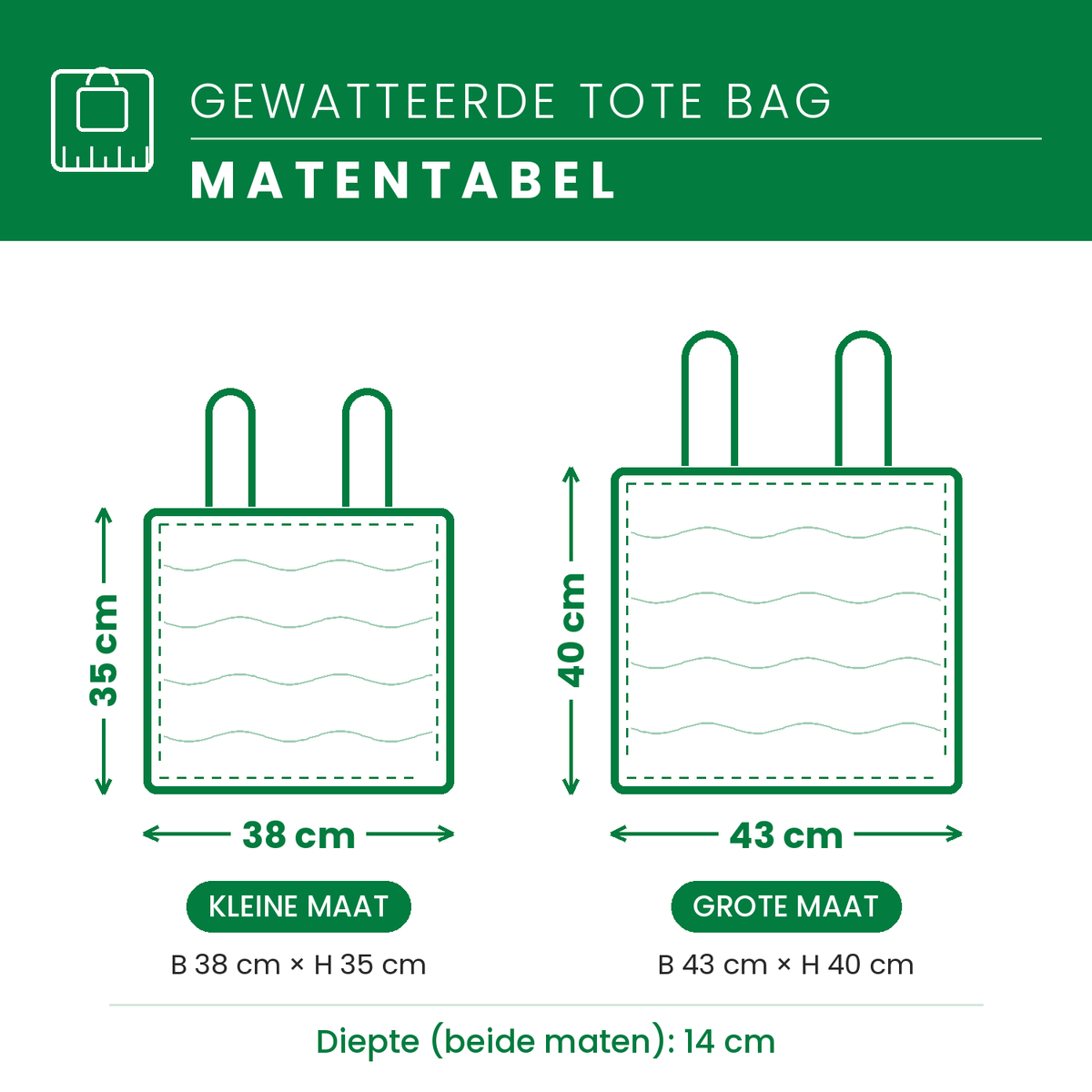 Matentabel gewatteerde draagtas: B38 × H35 cm of B43 × H40 cm, diepte 14 cm