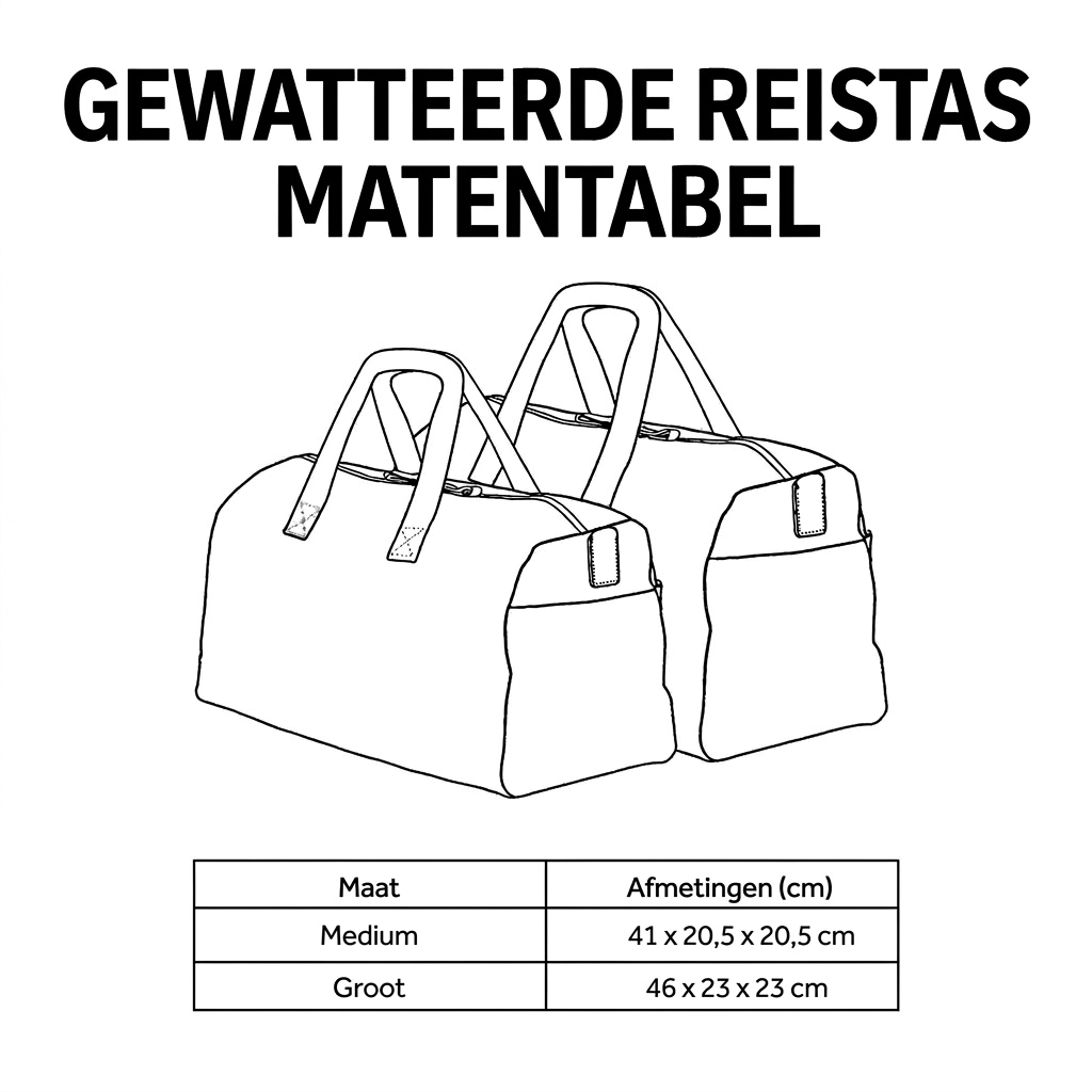 Matentabel gewatteerde reistas: Middelgroot 41 × 20,5 × 20,5 cm, Groot 46 × 23 × 23 cm