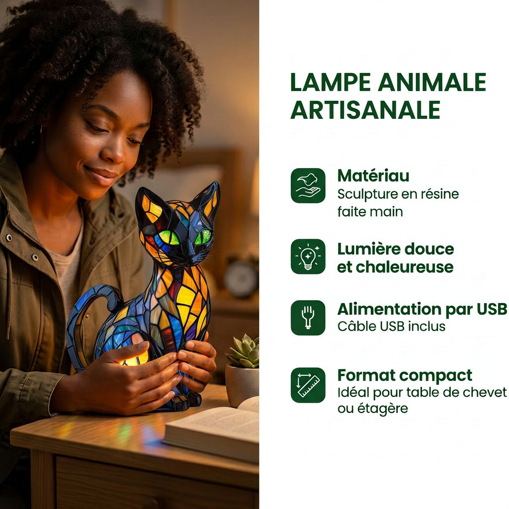 Lampe animale artisanale : matériau, lumière douce, alimentation par USB, format compact