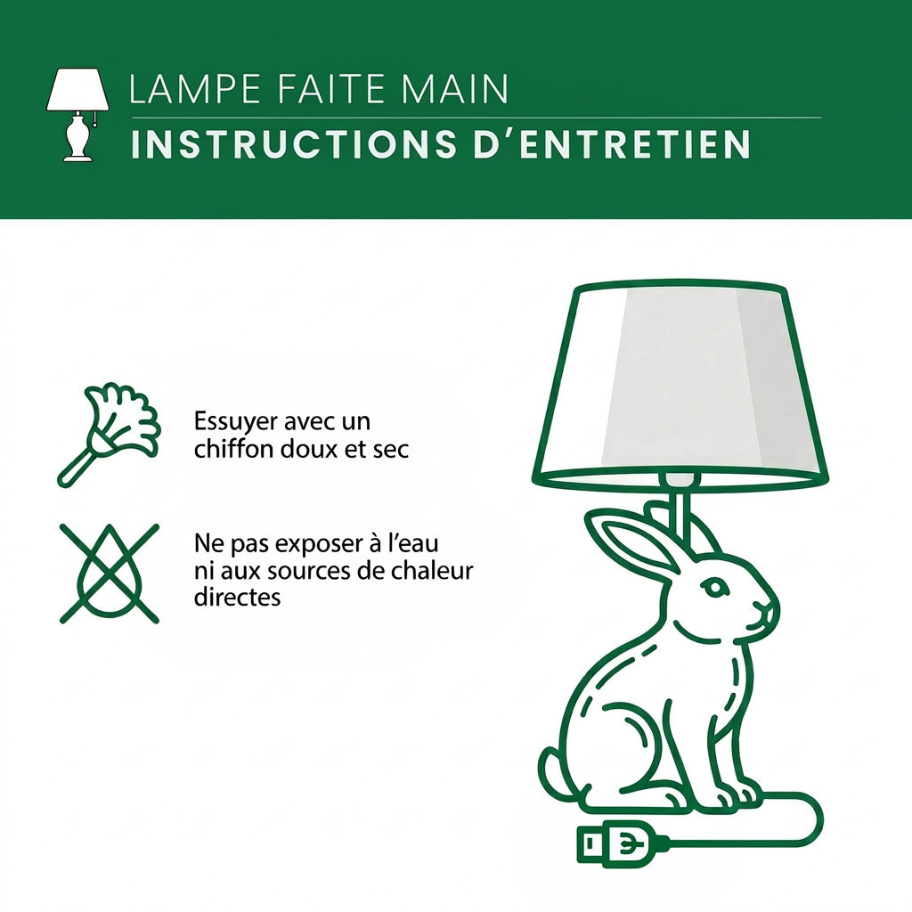 Instructions d'entretien de la lampe animale : essuyer avec un chiffon doux et sec, tenir à l'écart de l'eau et de la chaleur