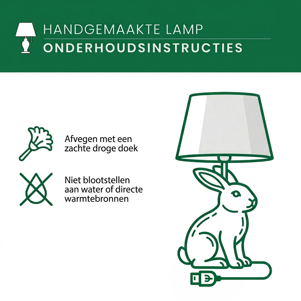 Onderhoudsinstructies voor de dierenlamp: afvegen met een zachte droge doek, uit de buurt van water en hitte houden