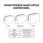 Matentabel gewatteerde make-uptas: Klein 18 × 8 × 10 cm, Middelgroot 21 × 9 × 11 cm, Groot 28 × 11 × 13 cm