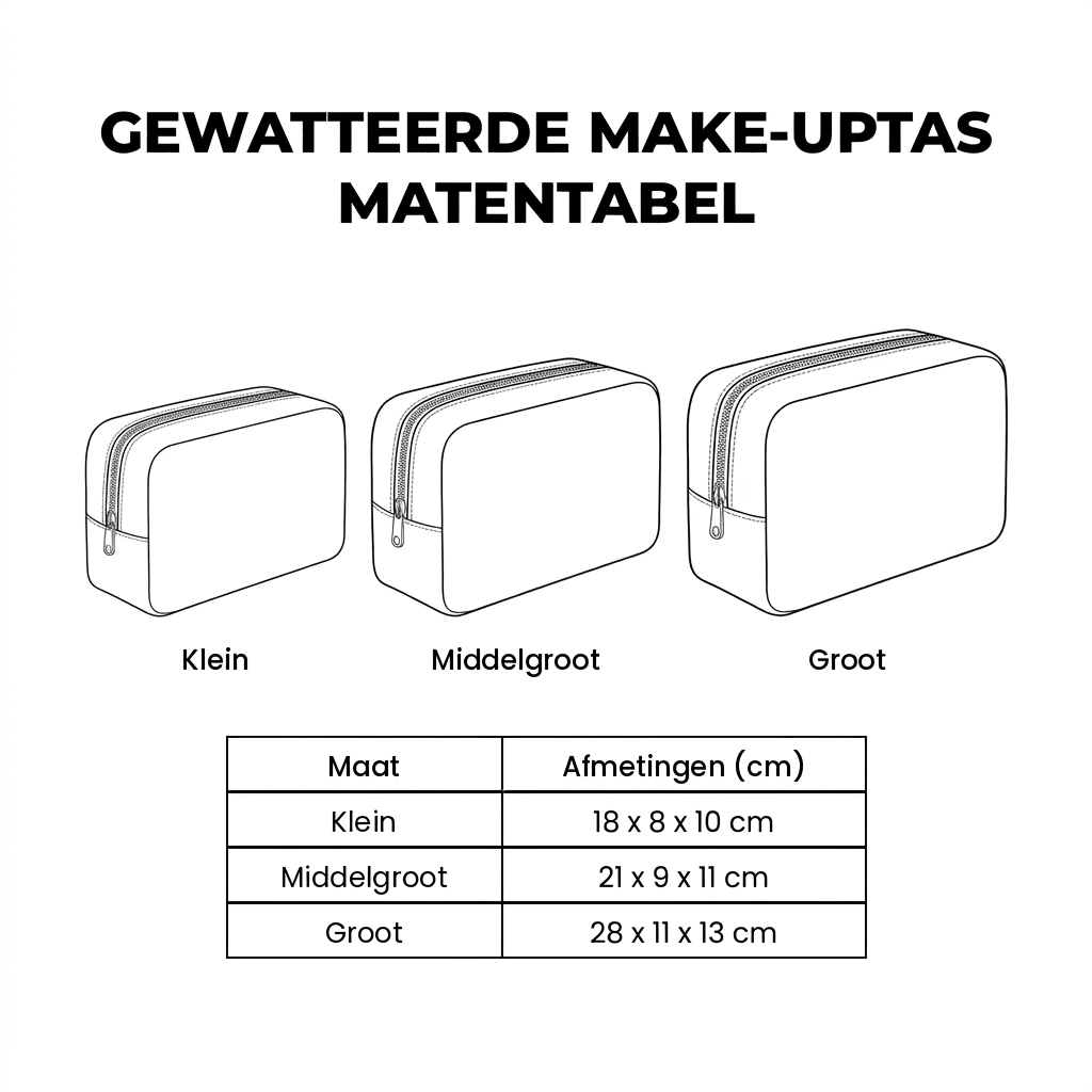 Matentabel gewatteerde make-uptas: Klein 18 × 8 × 10 cm, Middelgroot 21 × 9 × 11 cm, Groot 28 × 11 × 13 cm