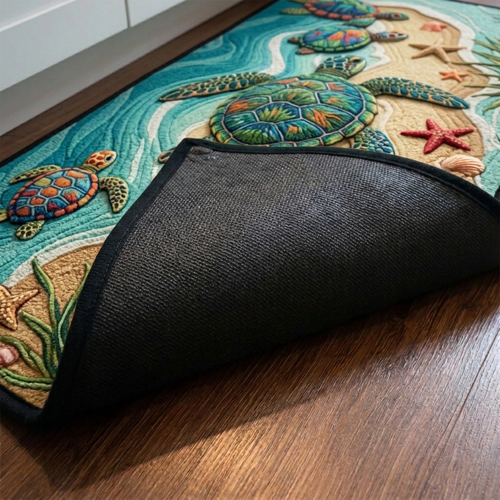 Lot de tapis de cuisine – gros plan sur le dessus matelassé et le dos antidérapant en caoutchouc