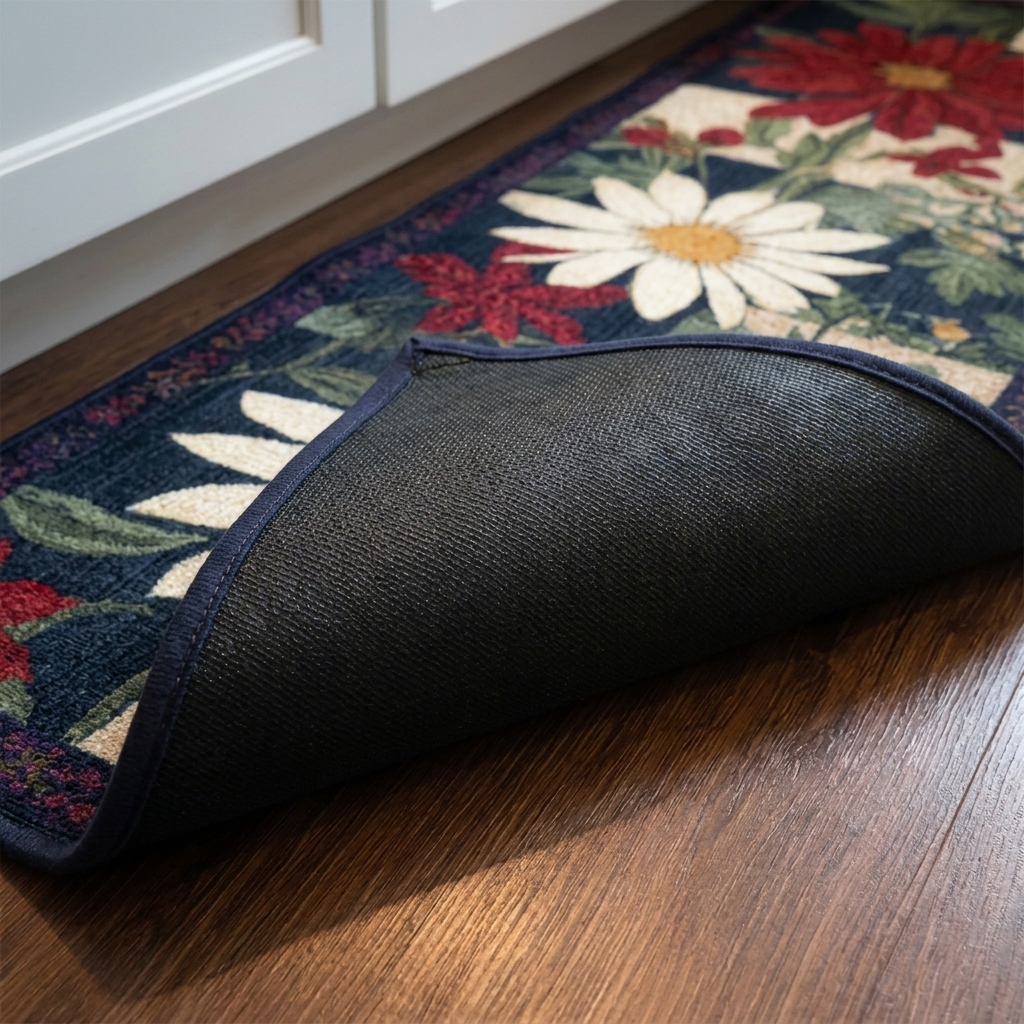 Lot de tapis de cuisine – gros plan sur le dessus matelassé et le dos antidérapant en caoutchouc