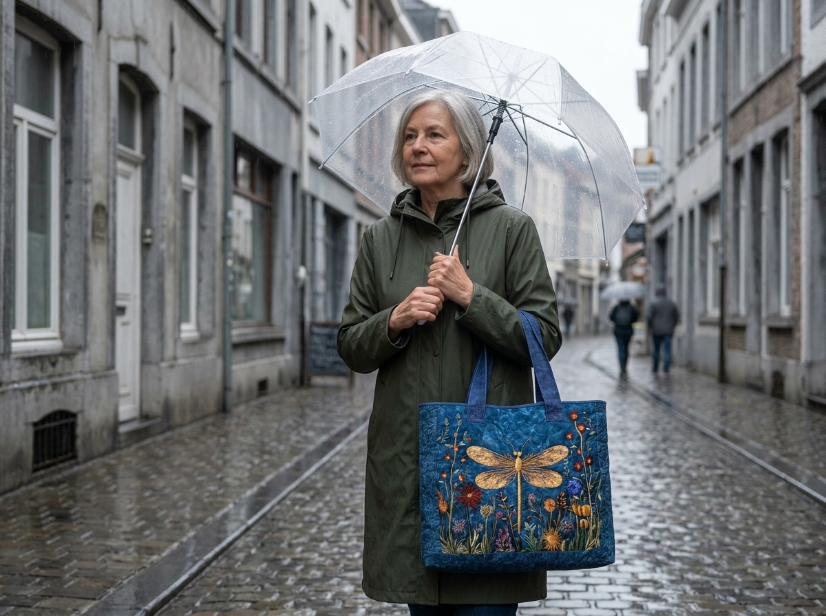 Kleurrijke Gouden Libelle tas op een grijze regendag in de herfst