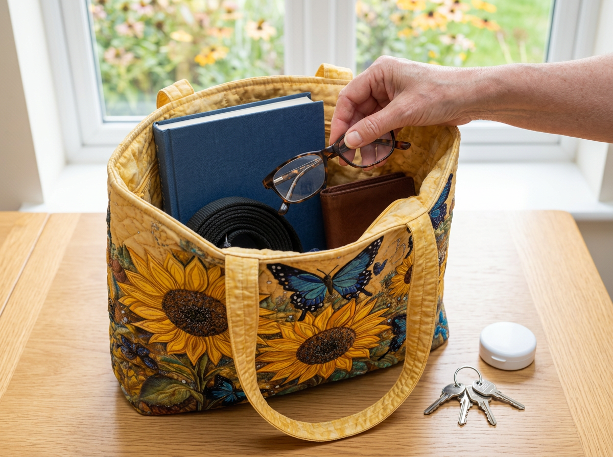 Open tas met zonnebloemen en blauwe vlinders met een boek, hondenriem en portemonnee erin; een bril gaat erbij