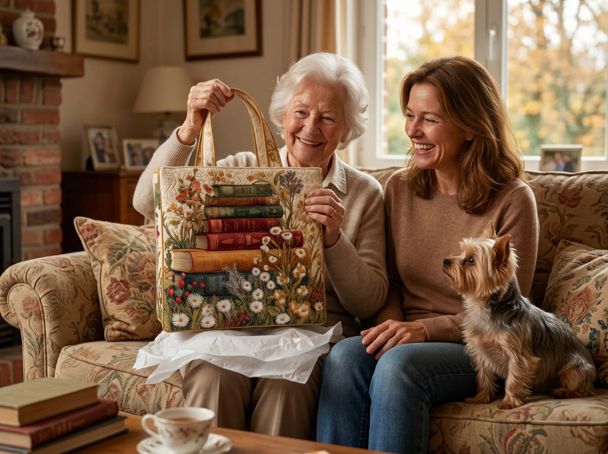 Moeder krijgt een gewatteerde tas met boeken en bloemen van haar dochter, met hun Yorkshire terriër ernaast