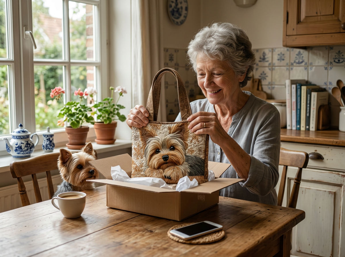Vrouw pakt haar nieuwe gewatteerde tas uit