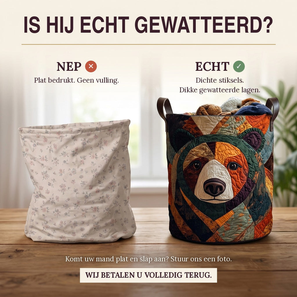 Nep of echt: een plat bedrukte mand naast de dik gewatteerde wasmand Berensporen