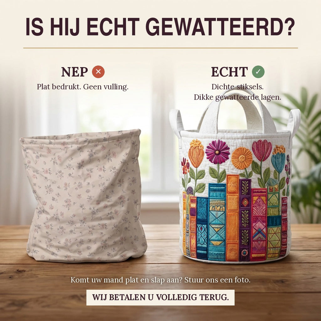 Nep of echt: een plat bedrukte mand naast de dik gewatteerde wasmand Bloemenbibliotheek