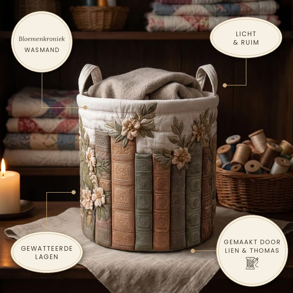 Panier à linge matelassé Chronique fleurie sur une étagère, avec ses points forts
