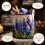 Panier à linge matelassé Rêve de lupins bleus sur une étagère, avec ses points forts